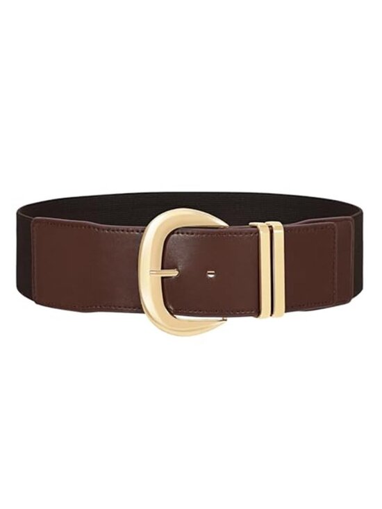 Women\'s Wide Elastic Waist Belt Gold Buckle Stretchy Leather Waistband